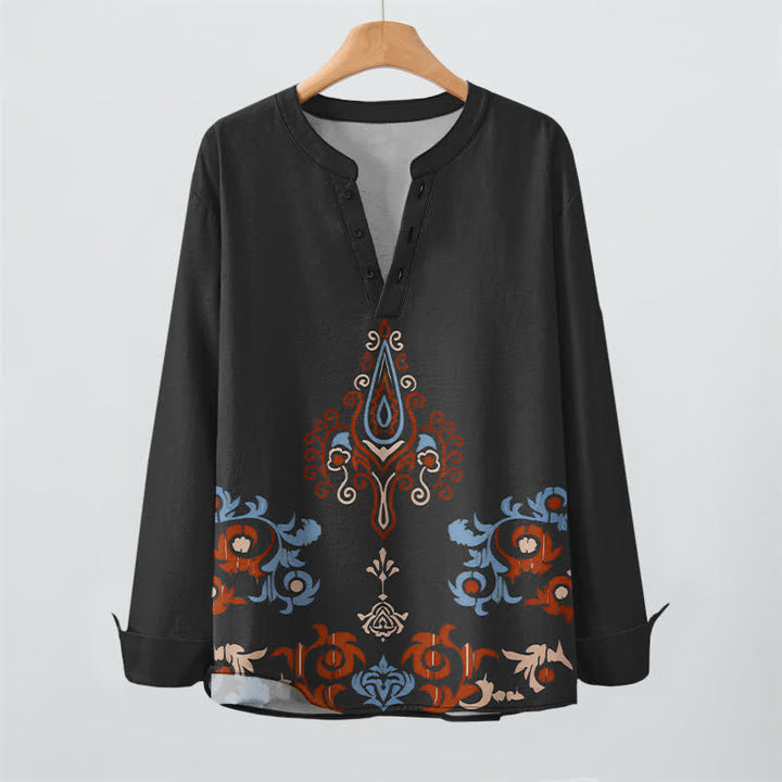 Buddha Stones Camicia da uomo a maniche lunghe con scollo a V e bottoni, in cotone, con motivo geometrico tribale multicolore. - image 9