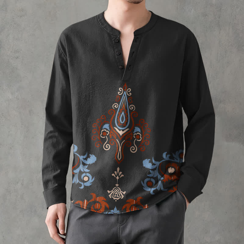 Buddha Stones Camicia da uomo a maniche lunghe con scollo a V e bottoni, in cotone, con motivo geometrico tribale multicolore. - Nero - US/UK/AU48, EU58 (4XL) - image 7