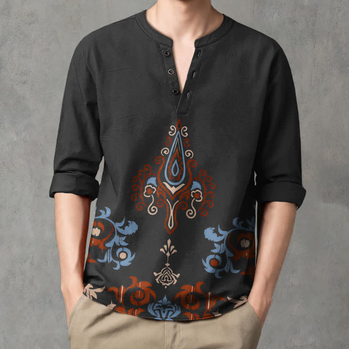 Buddha Stones Camicia da uomo a maniche lunghe con scollo a V e bottoni, in cotone, con motivo geometrico tribale multicolore. - image 8