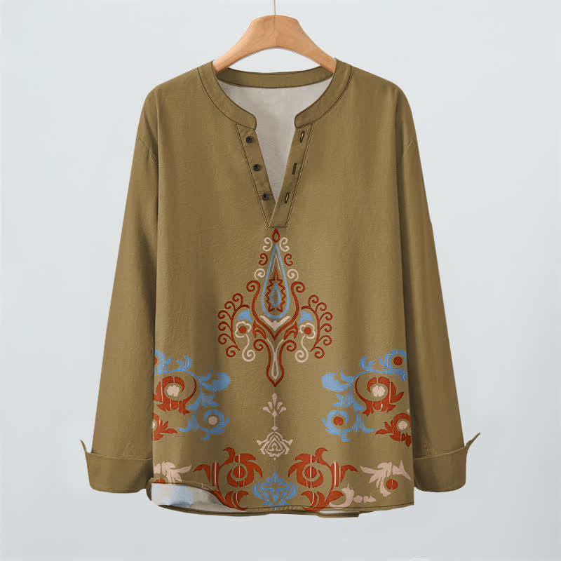 Buddha Stones Camicia da uomo a maniche lunghe con scollo a V e bottoni, in cotone, con motivo geometrico tribale multicolore. - image 16