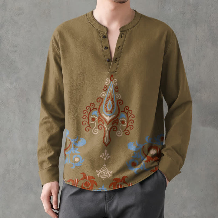 Buddha Stones Camicia da uomo a maniche lunghe con scollo a V e bottoni, in cotone, con motivo geometrico tribale multicolore. - Oliva - US/UK/AU48, EU58 (4XL) - image 14