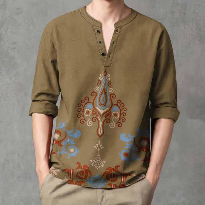 Buddha Stones Camicia da uomo a maniche lunghe con scollo a V e bottoni, in cotone, con motivo geometrico tribale multicolore. - image 15