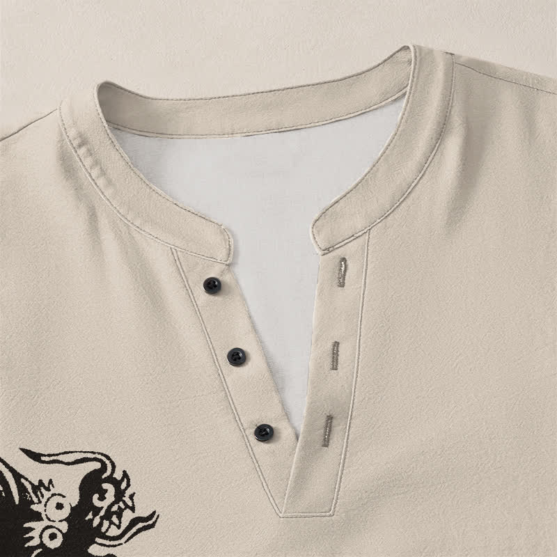 Buddha Stones Camicia da uomo a maniche lunghe con scollo a V e bottoni, in cotone, con motivo drago e foca. - image 4