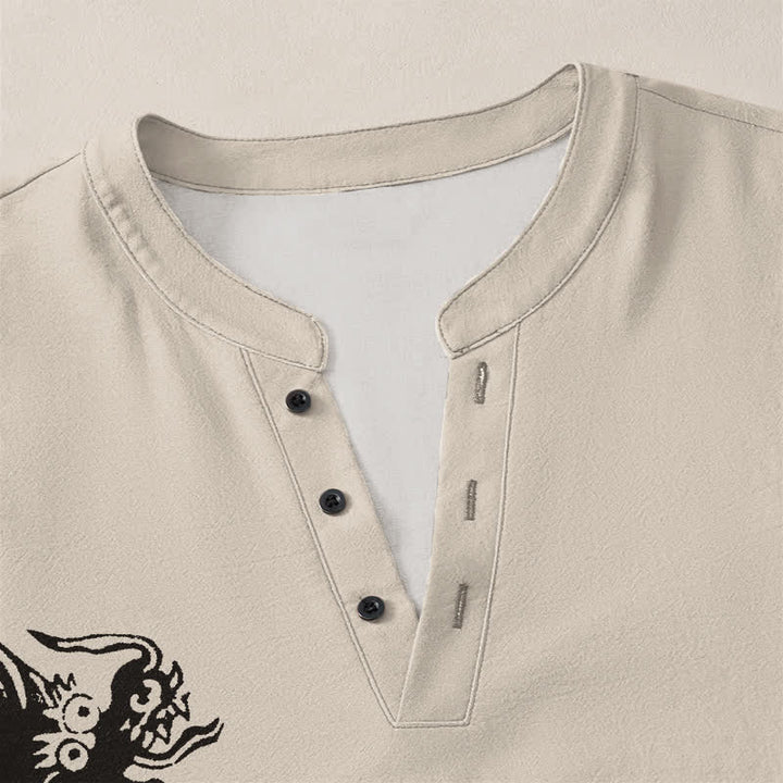 Buddha Stones Camicia da uomo a maniche lunghe con scollo a V e bottoni, in cotone, con motivo drago e foca. - image 4