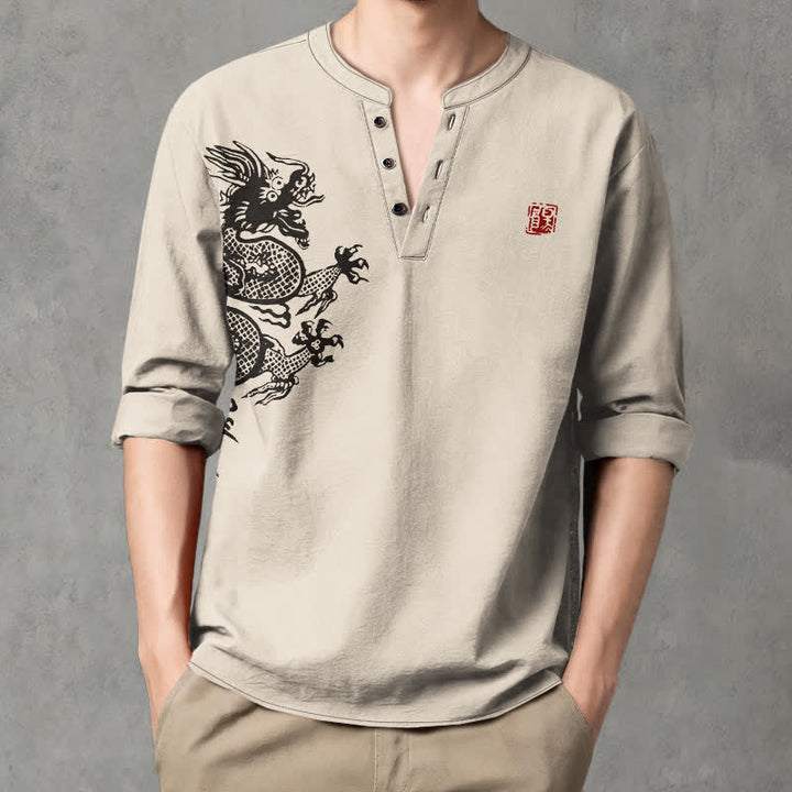 Buddha Stones Camicia da uomo a maniche lunghe con scollo a V e bottoni, in cotone, con motivo drago e foca. - Beige - US/UK/AU48, EU58 (4XL) - image 0