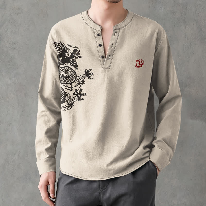 Buddha Stones Camicia da uomo a maniche lunghe con scollo a V e bottoni, in cotone, con motivo drago e foca. - image 1