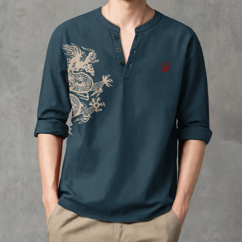 Buddha Stones Camicia da uomo a maniche lunghe con scollo a V e bottoni, in cotone, con motivo drago e foca. - SteelBlue - US/UK/AU48, EU58 (4XL) - image 7
