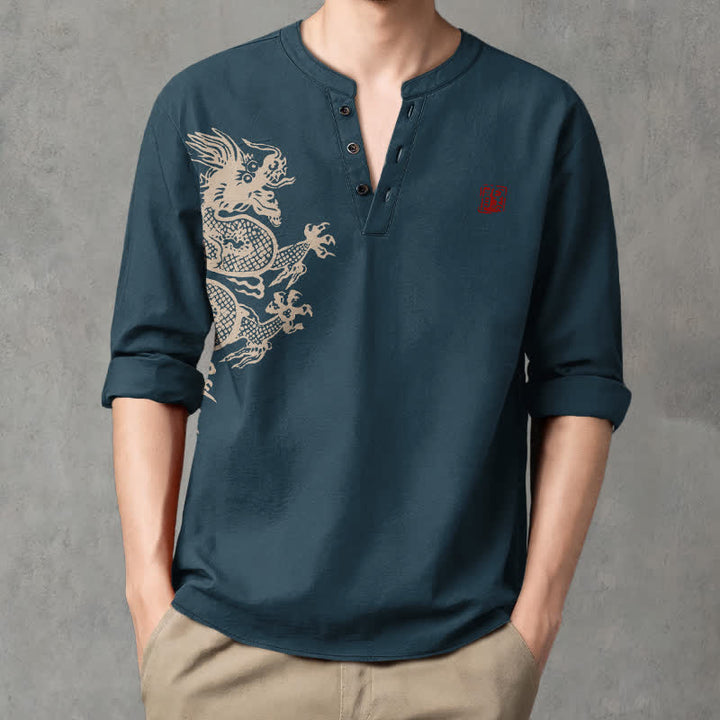 Buddha Stones Camicia da uomo a maniche lunghe con scollo a V e bottoni, in cotone, con motivo drago e foca. - SteelBlue - US/UK/AU48, EU58 (4XL) - image 7