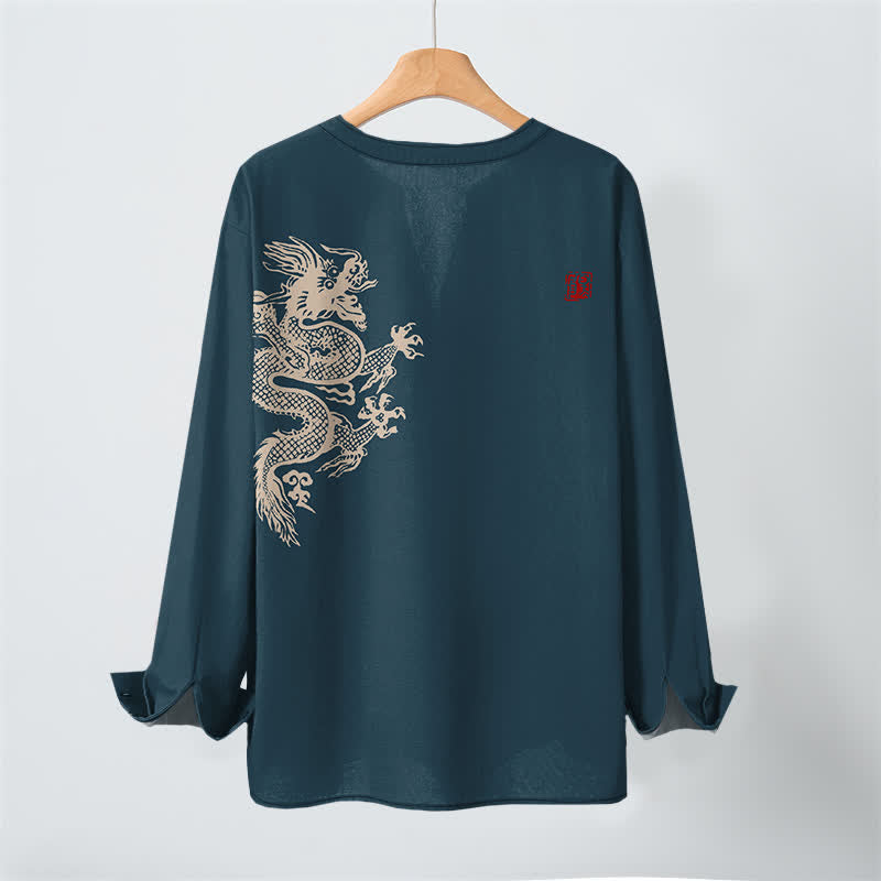 Buddha Stones Camicia da uomo a maniche lunghe con scollo a V e bottoni, in cotone, con motivo drago e foca. - image 10