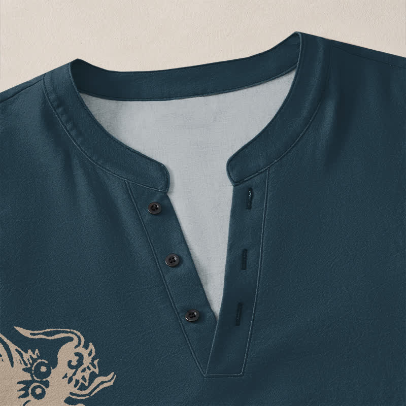 Buddha Stones Camicia da uomo a maniche lunghe con scollo a V e bottoni, in cotone, con motivo drago e foca. - image 11