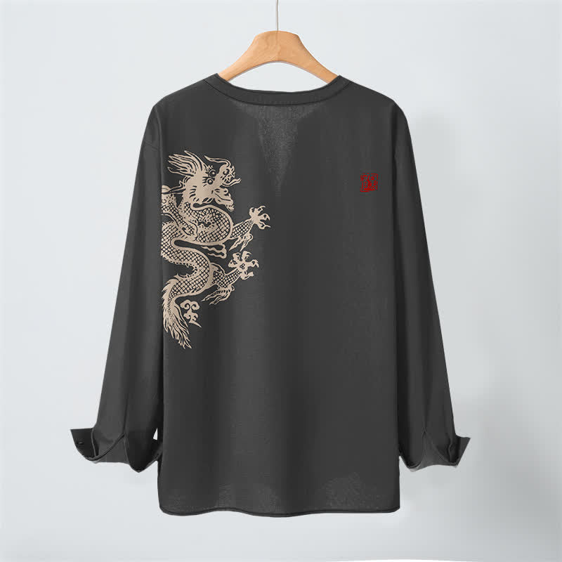 Buddha Stones Camicia da uomo a maniche lunghe con scollo a V e bottoni, in cotone, con motivo drago e foca. - image 17