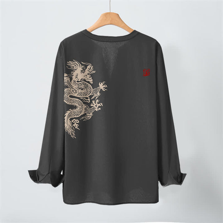 Buddha Stones Camicia da uomo a maniche lunghe con scollo a V e bottoni, in cotone, con motivo drago e foca. - image 17
