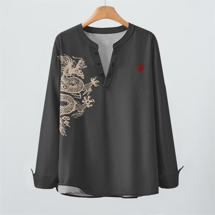 Buddha Stones Camicia da uomo a maniche lunghe con scollo a V e bottoni, in cotone, con motivo drago e foca. - image 16