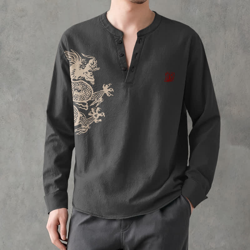 Buddha Stones Camicia da uomo a maniche lunghe con scollo a V e bottoni, in cotone, con motivo drago e foca. - image 15