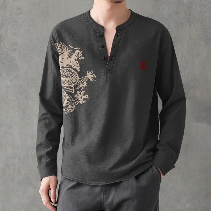 Buddha Stones Camicia da uomo a maniche lunghe con scollo a V e bottoni, in cotone, con motivo drago e foca. - image 15