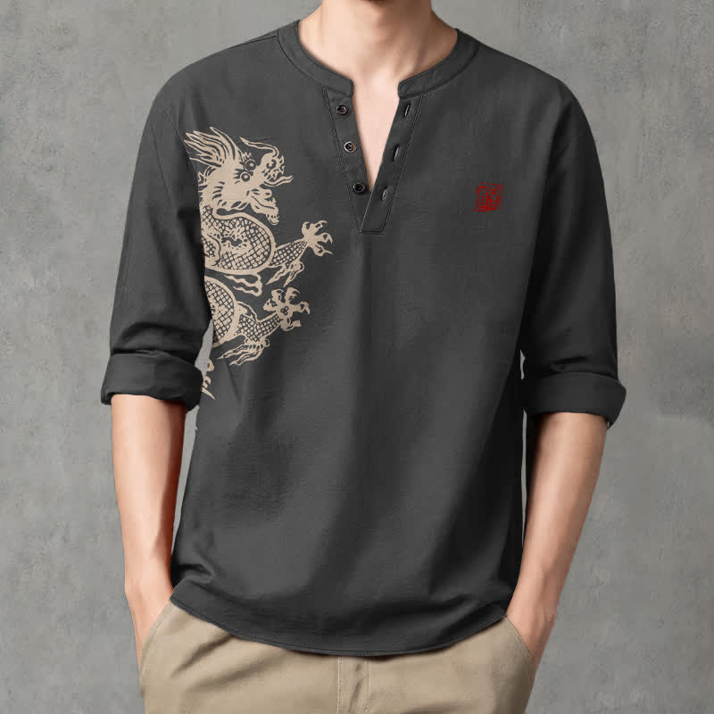Buddha Stones Camicia da uomo a maniche lunghe con scollo a V e bottoni, in cotone, con motivo drago e foca. - Nero - US/UK/AU48, EU58 (4XL) - image 14