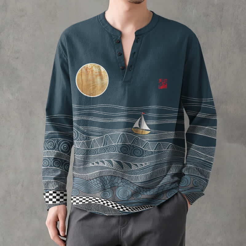 Buddha Stones Camicia da uomo a maniche lunghe con scollo a V e bottoni, in cotone, con motivo onde oceaniche, barca a vela e luna. - Cadetto Blu - US/UK/AU48, EU58 (4XL) - image 0