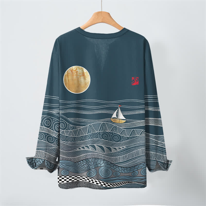 Buddha Stones Camicia da uomo a maniche lunghe con scollo a V e bottoni, in cotone, con motivo onde oceaniche, barca a vela e luna. - image 3