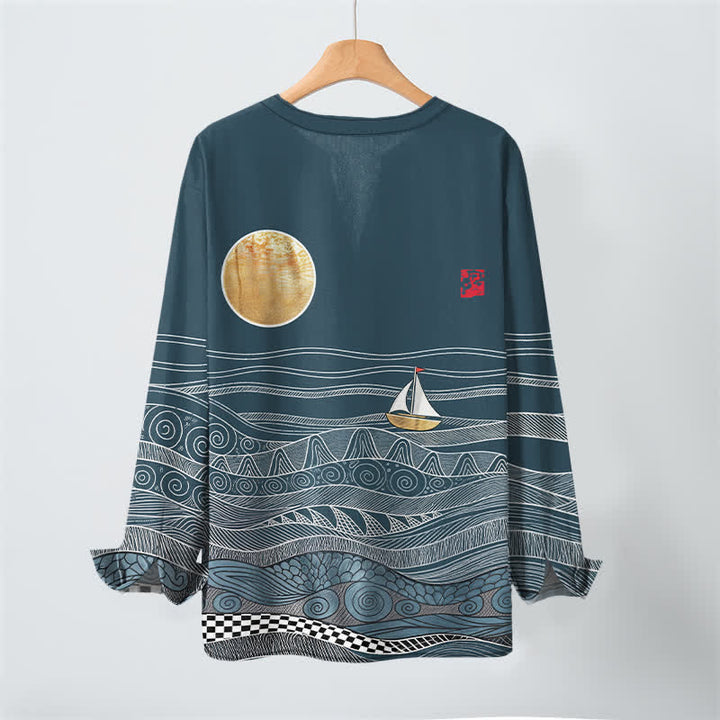 Buddha Stones Camicia da uomo a maniche lunghe con scollo a V e bottoni, in cotone, con motivo onde oceaniche, barca a vela e luna. - image 3