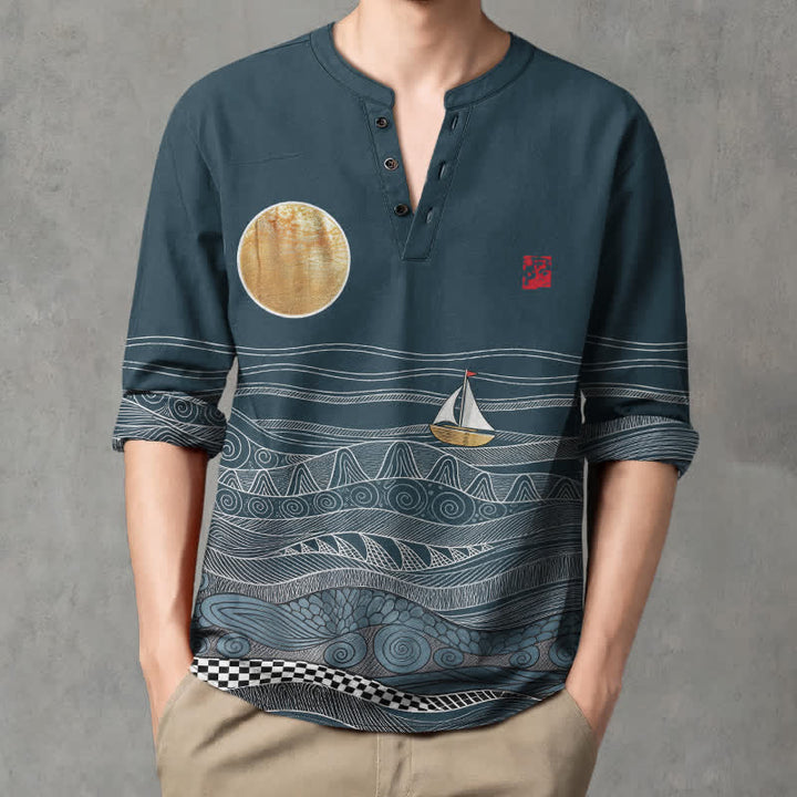 Buddha Stones Camicia da uomo a maniche lunghe con scollo a V e bottoni, in cotone, con motivo onde oceaniche, barca a vela e luna. - image 1