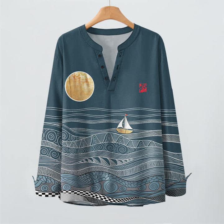 Buddha Stones Camicia da uomo a maniche lunghe con scollo a V e bottoni, in cotone, con motivo onde oceaniche, barca a vela e luna. - image 2