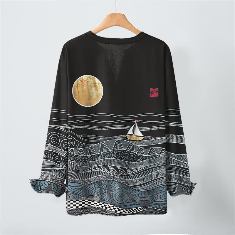 Buddha Stones Camicia da uomo a maniche lunghe con scollo a V e bottoni, in cotone, con motivo onde oceaniche, barca a vela e luna. - image 10