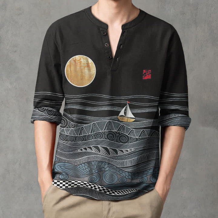 Buddha Stones Camicia da uomo a maniche lunghe con scollo a V e bottoni, in cotone, con motivo onde oceaniche, barca a vela e luna. - image 8