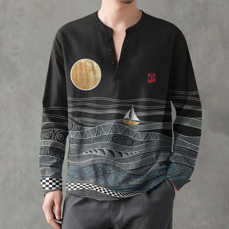 Buddha Stones Camicia da uomo a maniche lunghe con scollo a V e bottoni, in cotone, con motivo onde oceaniche, barca a vela e luna. - Nero - US/UK/AU48, EU58 (4XL) - image 7