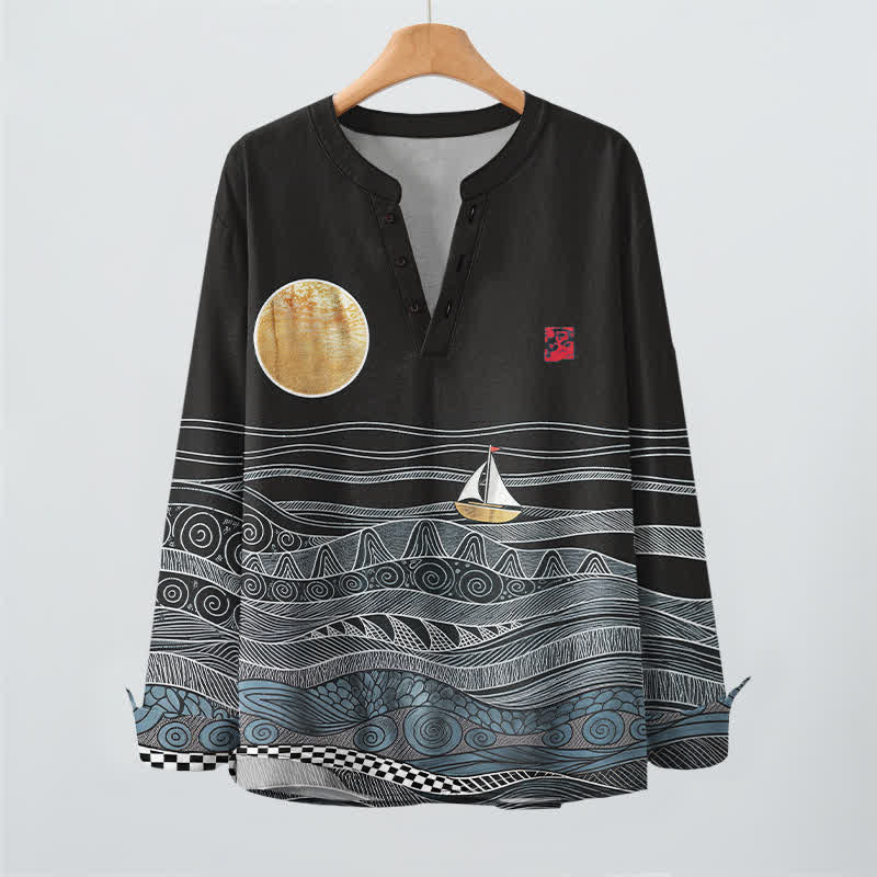 Buddha Stones Camicia da uomo a maniche lunghe con scollo a V e bottoni, in cotone, con motivo onde oceaniche, barca a vela e luna. - image 9