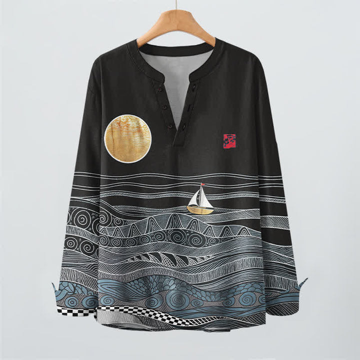 Buddha Stones Camicia da uomo a maniche lunghe con scollo a V e bottoni, in cotone, con motivo onde oceaniche, barca a vela e luna. - image 9