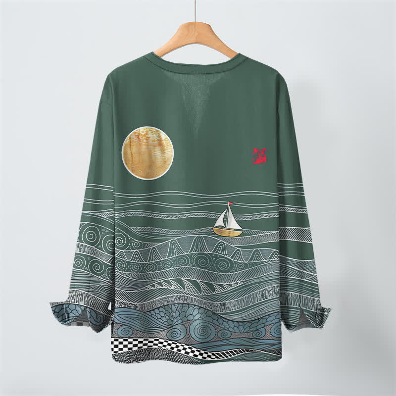 Buddha Stones Camicia da uomo a maniche lunghe con scollo a V e bottoni, in cotone, con motivo onde oceaniche, barca a vela e luna. - image 17