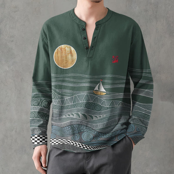 Buddha Stones Camicia da uomo a maniche lunghe con scollo a V e bottoni, in cotone, con motivo onde oceaniche, barca a vela e luna. - Verde mare - US/UK/AU48, EU58 (4XL) - image 14