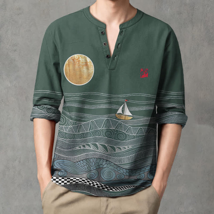 Buddha Stones Camicia da uomo a maniche lunghe con scollo a V e bottoni, in cotone, con motivo onde oceaniche, barca a vela e luna. - image 15
