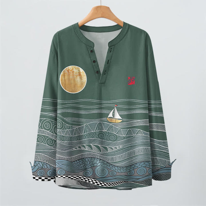 Buddha Stones Camicia da uomo a maniche lunghe con scollo a V e bottoni, in cotone, con motivo onde oceaniche, barca a vela e luna. - image 16
