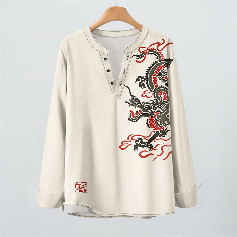 Buddha Stones Camicia da uomo a maniche lunghe con scollo a V e bottoni, in cotone, con motivo drago orientale e fiamme. - image 2