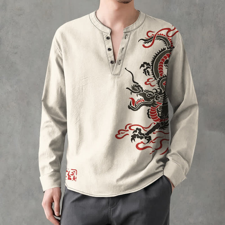 Buddha Stones Camicia da uomo a maniche lunghe con scollo a V e bottoni, in cotone, con motivo drago orientale e fiamme. - image 1