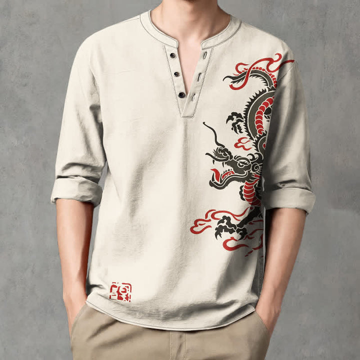 Buddha Stones Camicia da uomo a maniche lunghe con scollo a V e bottoni, in cotone, con motivo drago orientale e fiamme. - Beige - US/UK/AU48, EU58 (4XL) - image 0