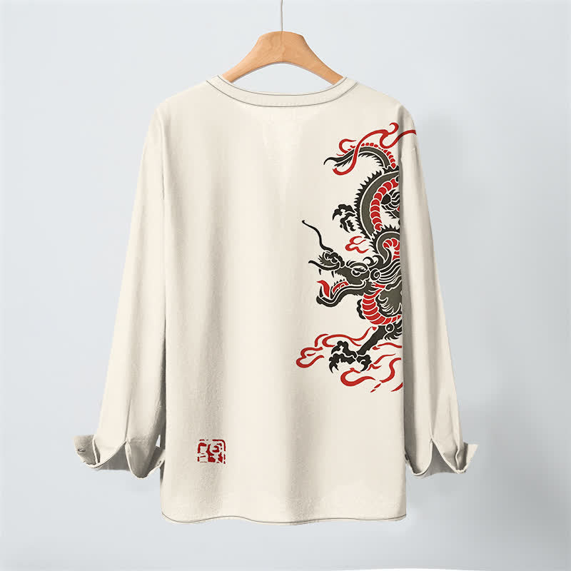 Buddha Stones Camicia da uomo a maniche lunghe con scollo a V e bottoni, in cotone, con motivo drago orientale e fiamme. - image 3