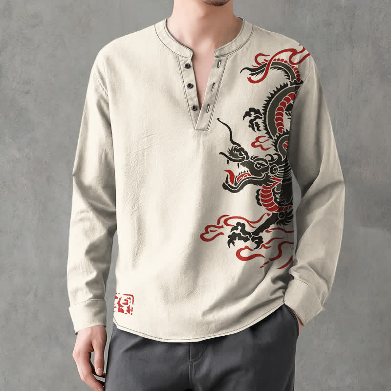 Buddha Stones Camicia da uomo a maniche lunghe con scollo a V e bottoni, in cotone, con motivo drago orientale e fiamme. - image 1