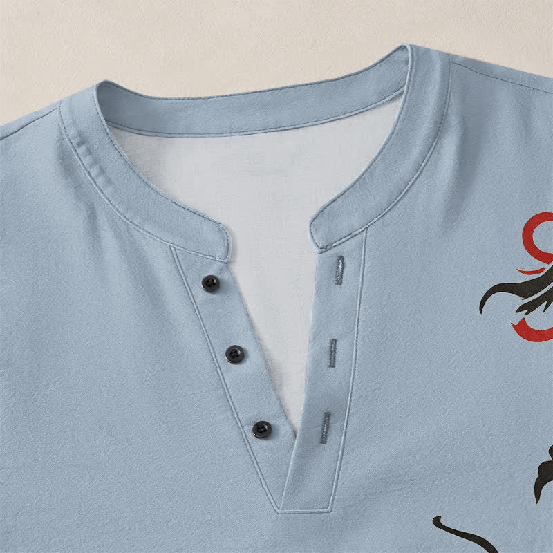 Buddha Stones Camicia da uomo a maniche lunghe con scollo a V e bottoni, in cotone, con motivo drago orientale e fiamme. - image 11