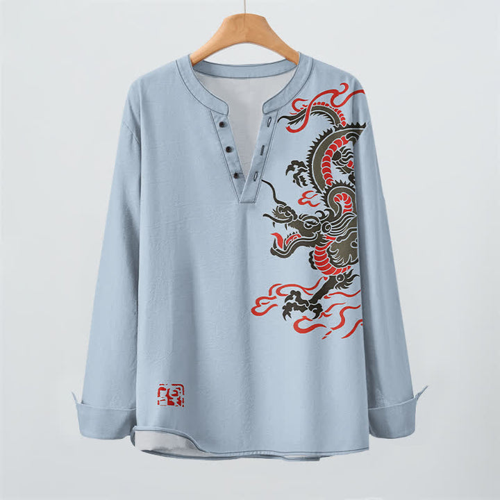 Buddha Stones Camicia da uomo a maniche lunghe con scollo a V e bottoni, in cotone, con motivo drago orientale e fiamme. - image 9