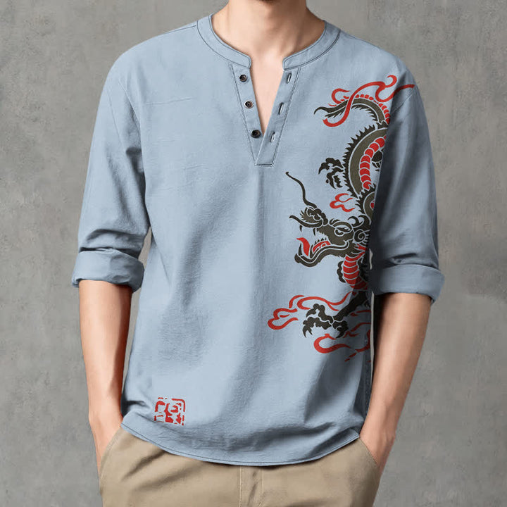 Buddha Stones Camicia da uomo a maniche lunghe con scollo a V e bottoni, in cotone, con motivo drago orientale e fiamme. - Azzurro chiaro - US/UK/AU48, EU58 (4XL) - image 7