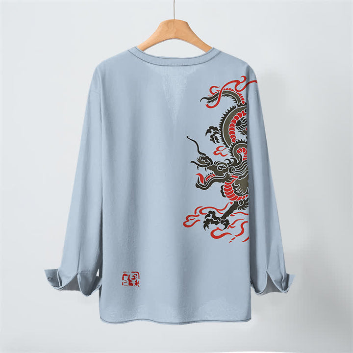 Buddha Stones Camicia da uomo a maniche lunghe con scollo a V e bottoni, in cotone, con motivo drago orientale e fiamme. - image 10