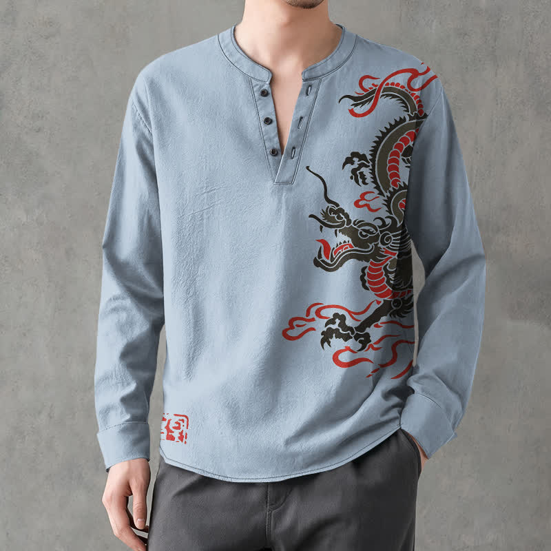 Buddha Stones Camicia da uomo a maniche lunghe con scollo a V e bottoni, in cotone, con motivo drago orientale e fiamme. - image 8