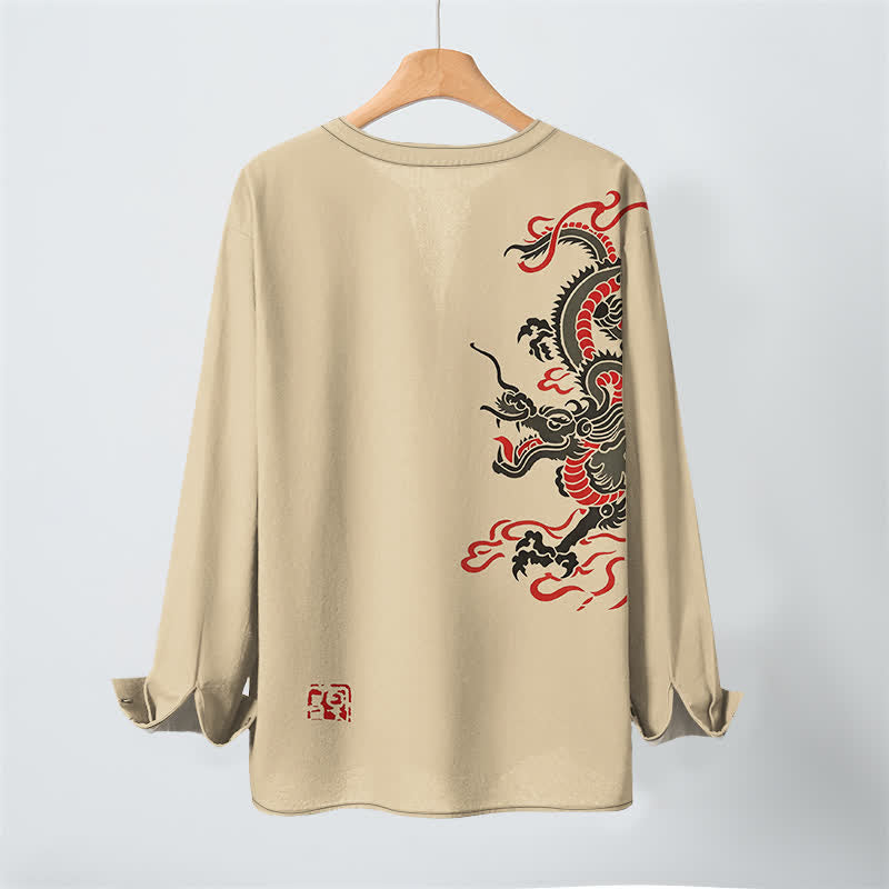 Buddha Stones Camicia da uomo a maniche lunghe con scollo a V e bottoni, in cotone, con motivo drago orientale e fiamme. - image 17