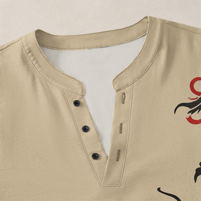 Buddha Stones Camicia da uomo a maniche lunghe con scollo a V e bottoni, in cotone, con motivo drago orientale e fiamme. - image 18
