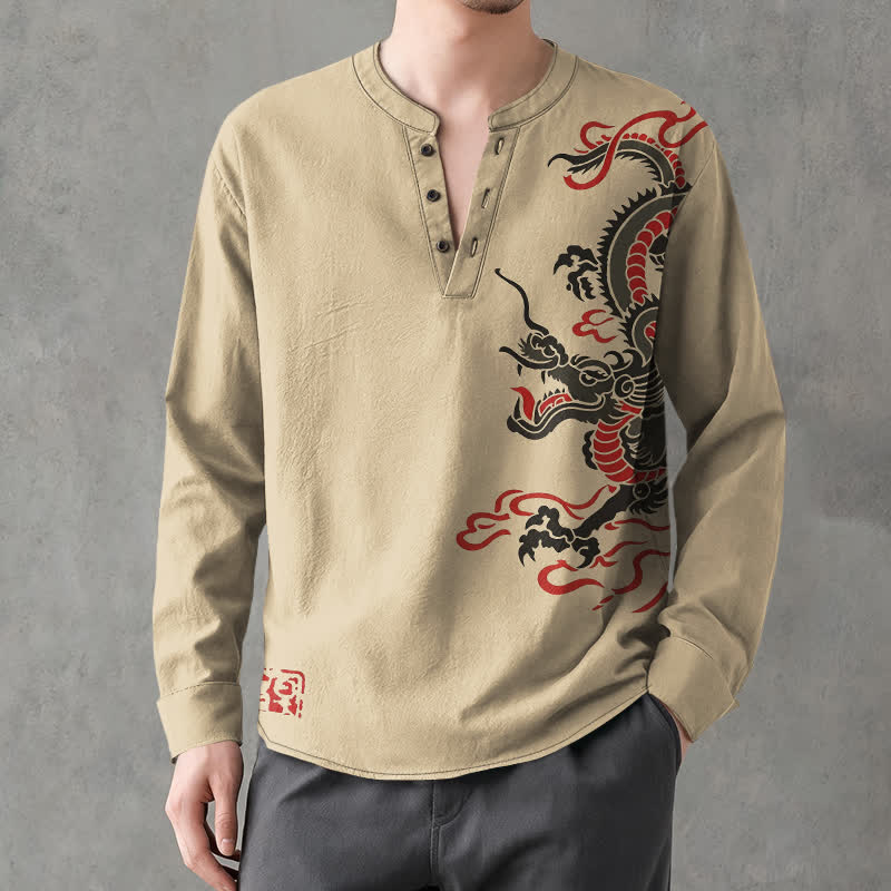 Buddha Stones Camicia da uomo a maniche lunghe con scollo a V e bottoni, in cotone, con motivo drago orientale e fiamme. - image 15