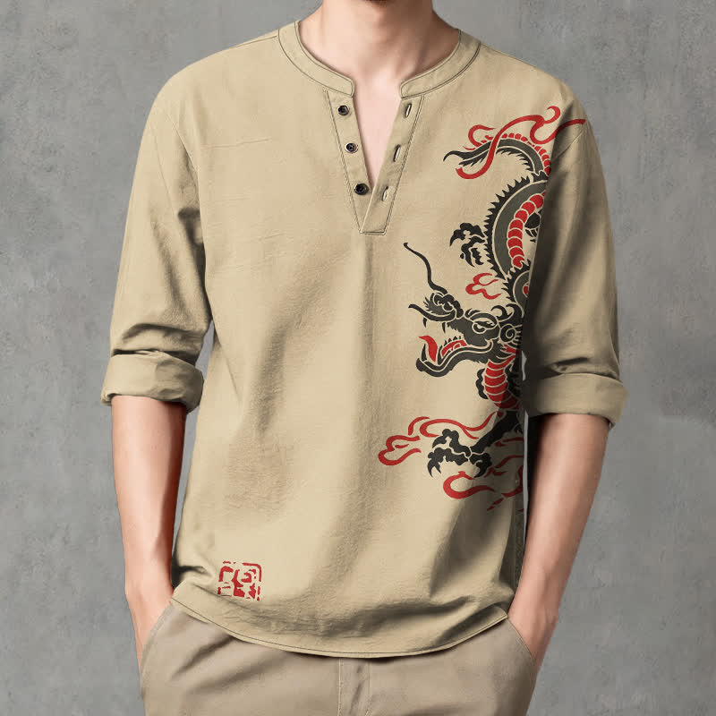 Buddha Stones Camicia da uomo a maniche lunghe con scollo a V e bottoni, in cotone, con motivo drago orientale e fiamme. - Tan - US/UK/AU48, EU58 (4XL) - image 14