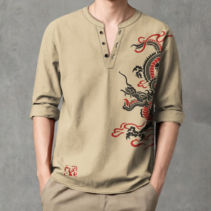Buddha Stones Camicia da uomo a maniche lunghe con scollo a V e bottoni, in cotone, con motivo drago orientale e fiamme. - Tan - US/UK/AU48, EU58 (4XL) - image 14