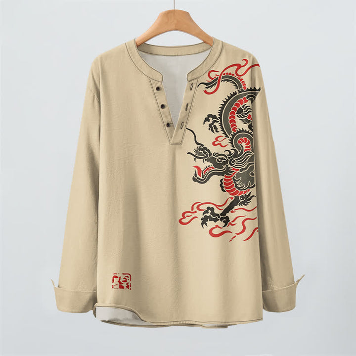 Buddha Stones Camicia da uomo a maniche lunghe con scollo a V e bottoni, in cotone, con motivo drago orientale e fiamme. - image 16